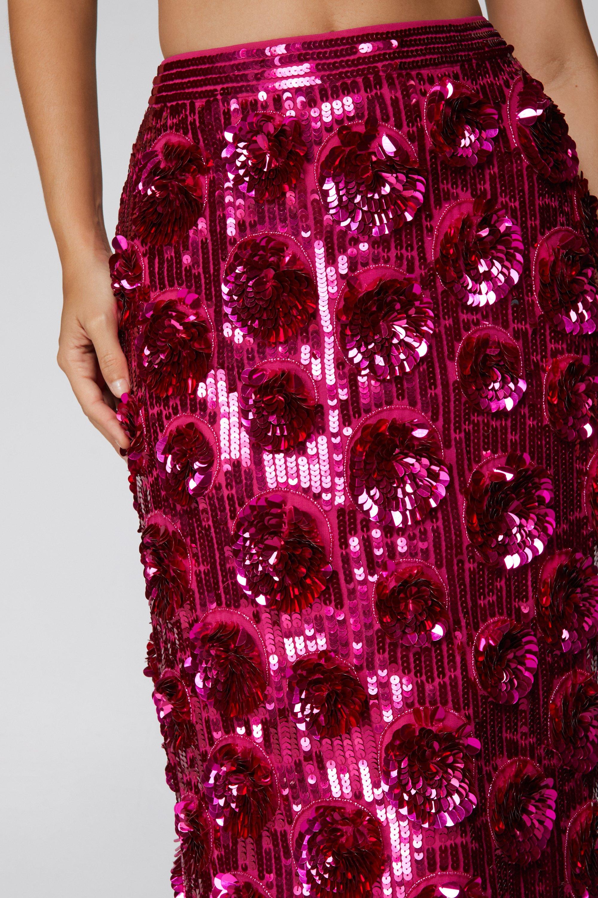 3D Sequin Floral Midi Skirt Nasty Gal